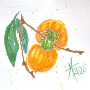 Asian Persimmon Duo Art Original Watercolor Painting 11x14in Matted Frame Ready
